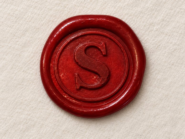 Red wax seal impressed with a serif S inside a ring, on paper.